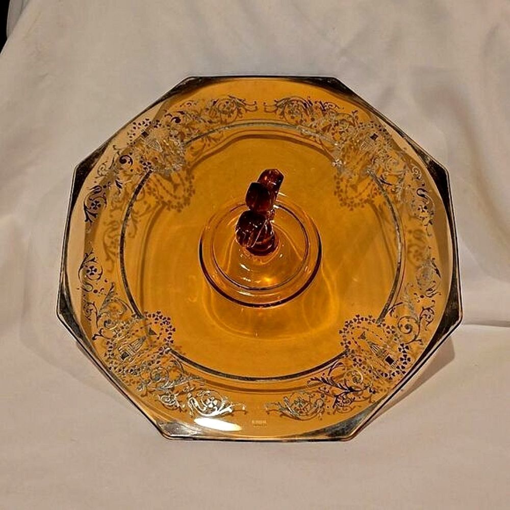 CAMBRIDGE AMBER GLASS Serving Sandwich Tray!  Art Deco Design,Sterling Etching!